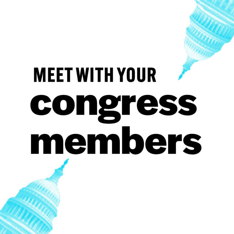 graphic that reads "meet with your congress members" in black block text on a white background.