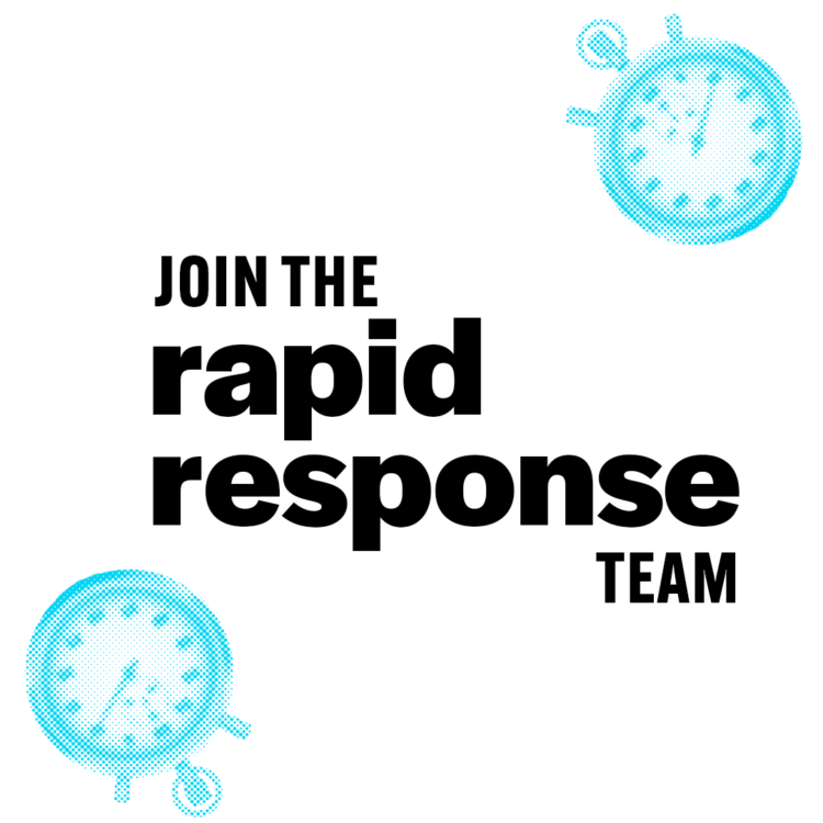 text graphic that reads 'join the rapid response team' in black block letters on a white background. blue stopwatches in the corners.