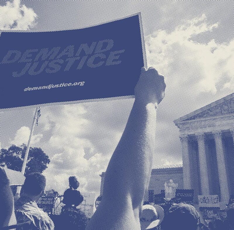 crowd in front of the supreme court, person holding sign that reads 'demand justice'